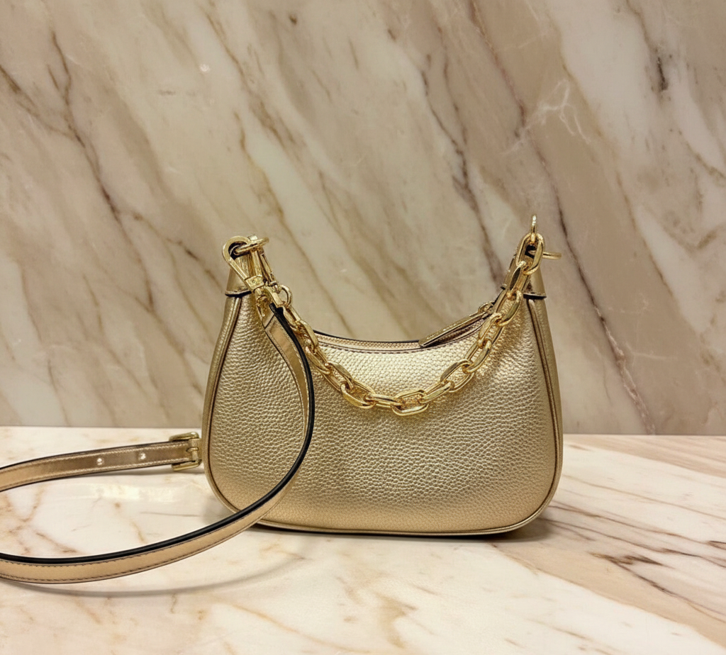 MICHAEL KORS MINI CORA CHAIN SHOULDER BAG/CROSBODY BAG - METTALIC PEBBLE GOLD