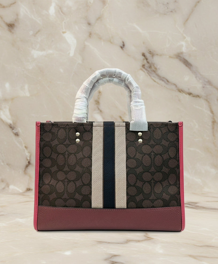 COACH DEMPSEY TOTE CARRYALL MEDIUM IN SIGNATURE JACQUARD CANVAS CENTER STRIPE STRAWBERRY HAZE