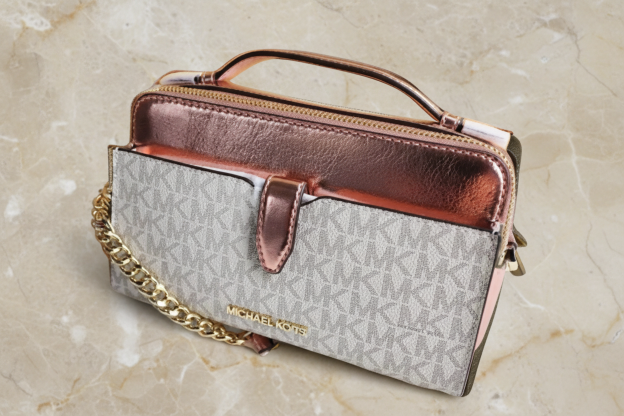 MICHAEL KORS SIGNATURE JET SET METALLIC PRIMEROSE DOUBLE ZIP SMARTPHONE CROSSBODY BAG