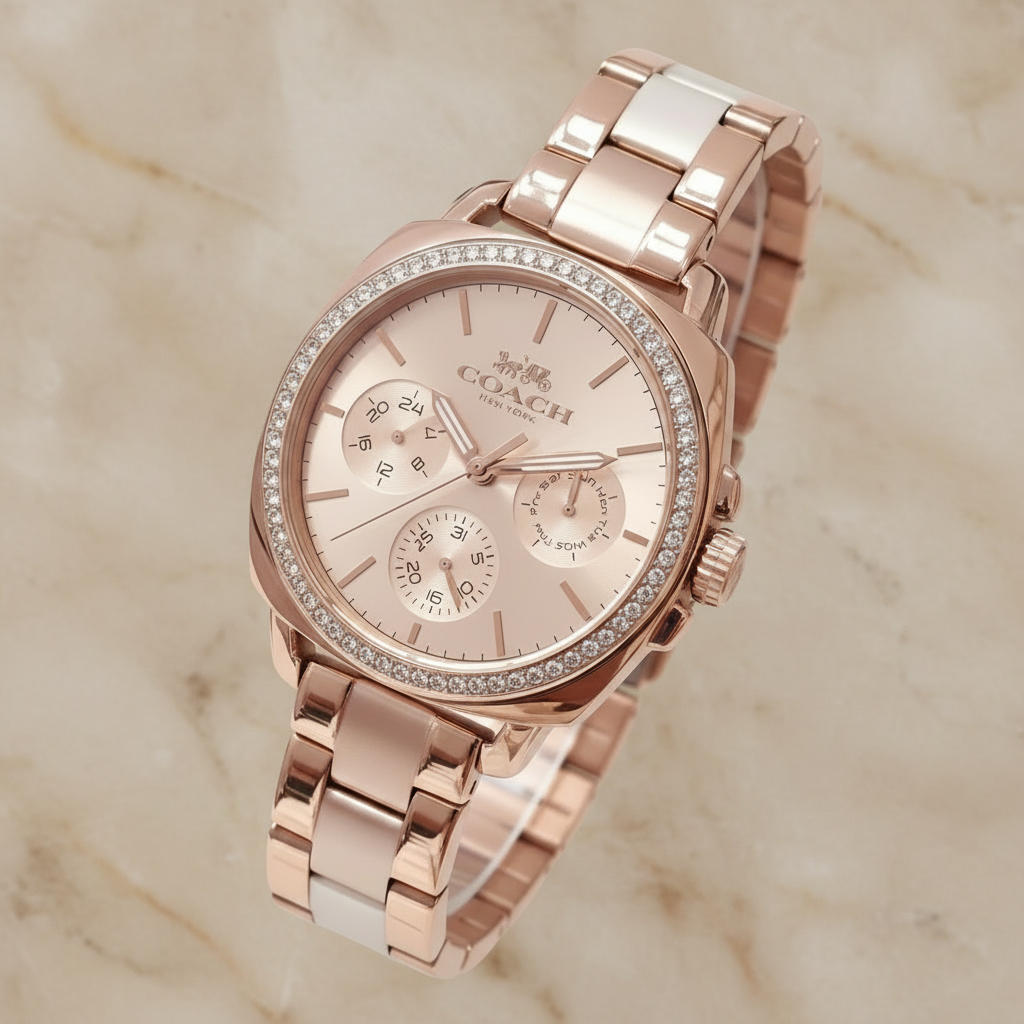 ساعة كوتش ذات وجه كبير - مطلية بالذهب الوردي والفولاذ المقاوم للصدأ