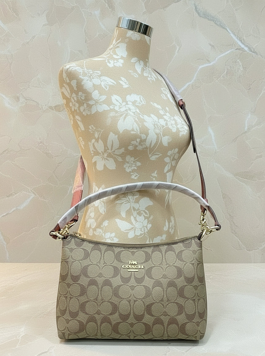 COACH BUNDLE LEWIS SHOULDER BAG/CROSSBODY BAG & ZIP AROUND WRISLET WALLET IN SIGNATURE CANVAS METTALIC CLAY LINING