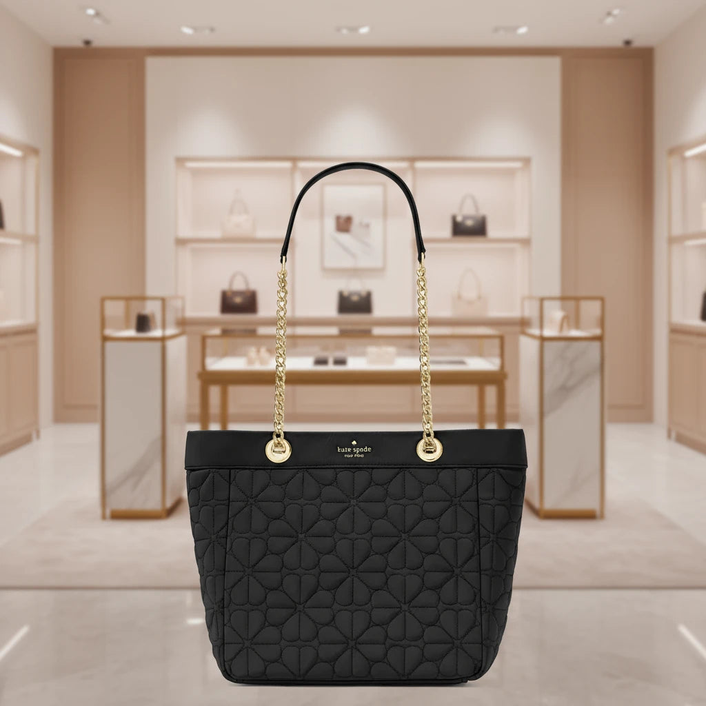 حقيبة كيت سبيد المبطنة والمزينة بالزهور - متوسطة الحجم - سوداء