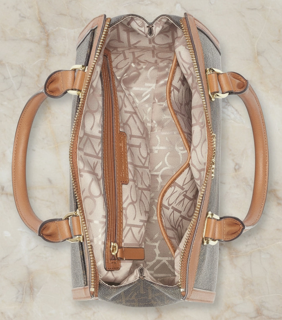CALVIN KLEIN BUNDLE BAG & LONG WALLET JANAE SATCHEL CROSSBODY BAG IN SIGNATURE BROWN