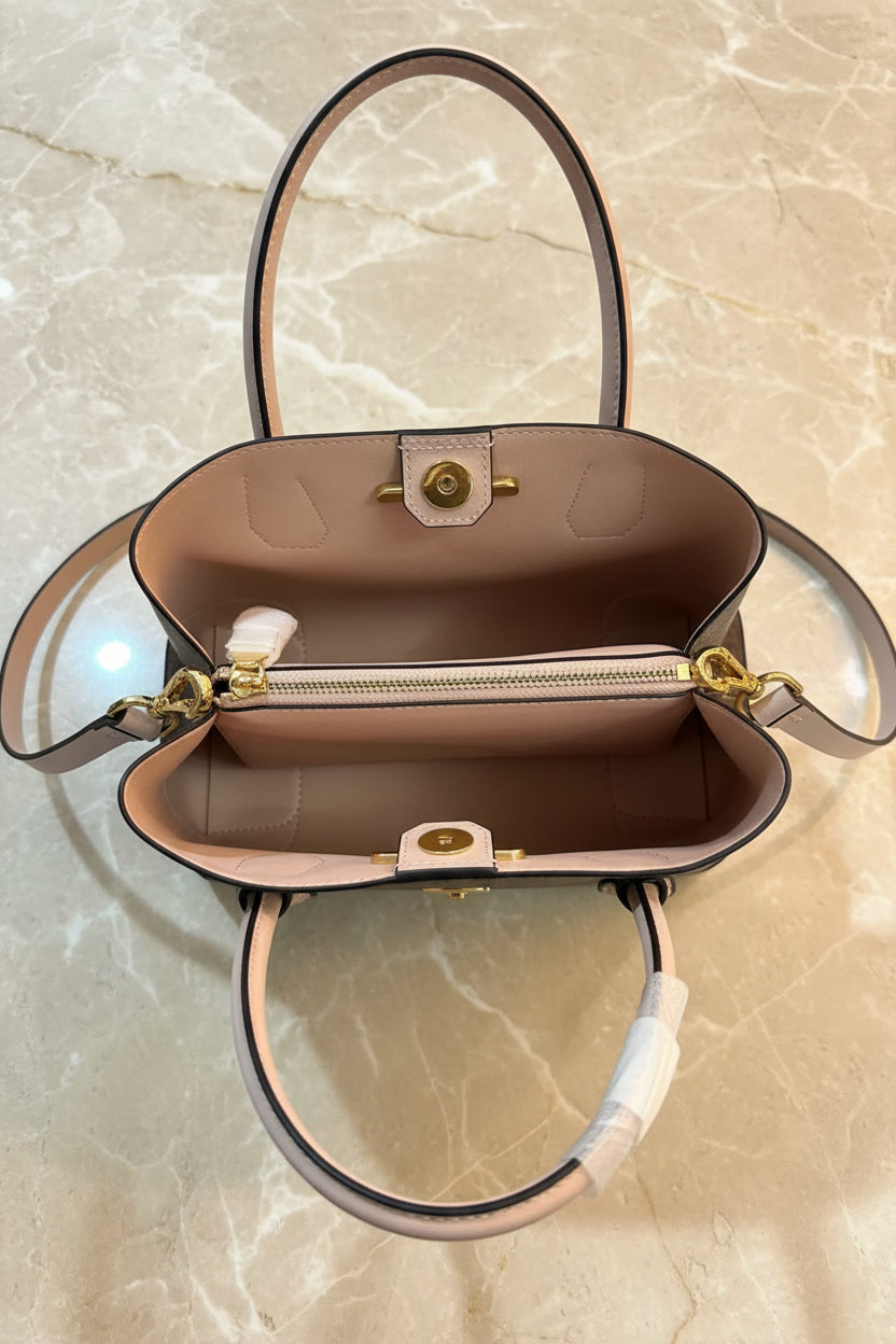 MICHAEL KORS MERCER GALLERY MEDIUM LOGO SATCHEL BAG - BROWN/SOFT PINK