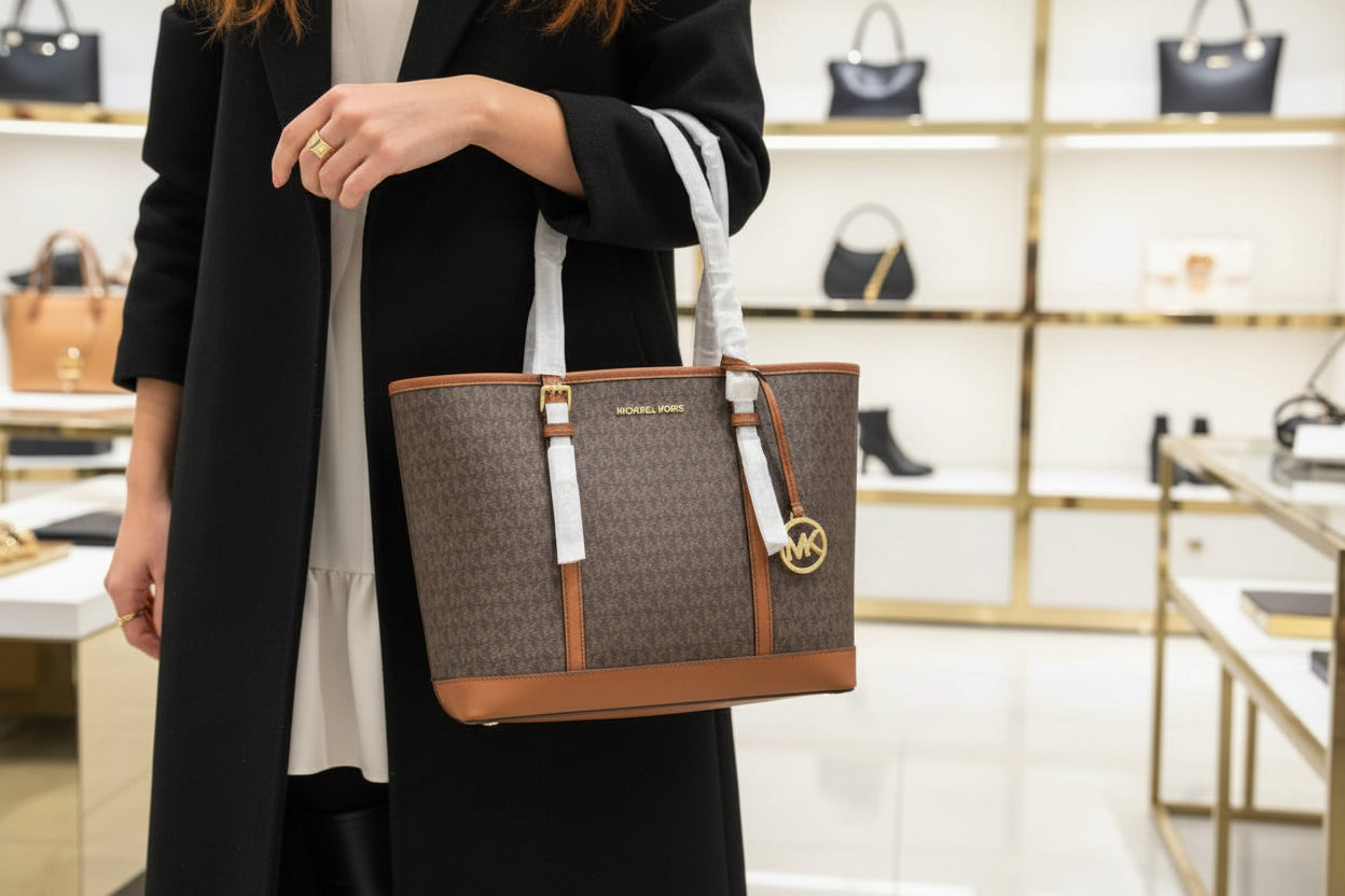 MICHAEL KORS JET SET TRAVEL ZIP TOTE IN SIGNATURE LOGO BROWN - MEDIUM