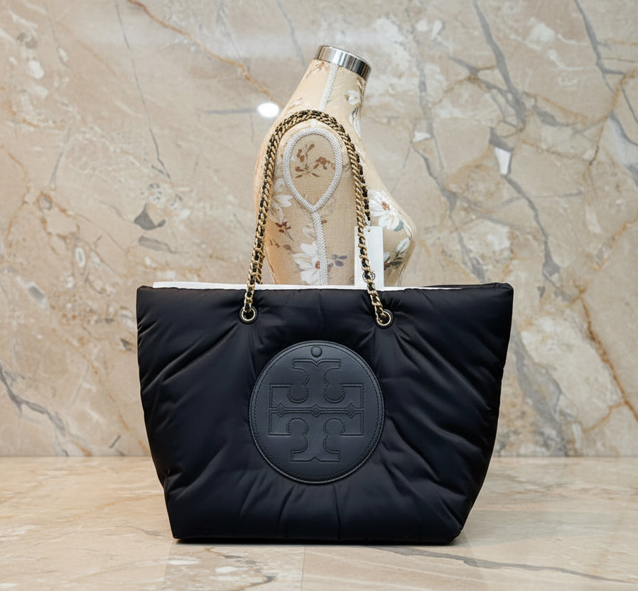 TORY BURCH ELLA PUPPY MAGNETIC CLOSURE CHAIN TOTE - BLACK