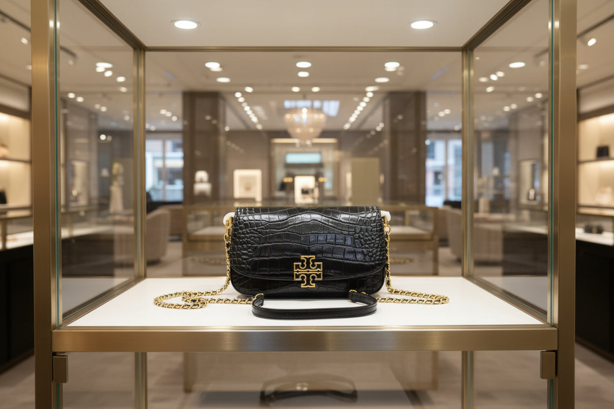 TORY BURCH EMBOSSED CROC BRITTEN CONVERTIBLE SHOULDER BAG/XBODY BAG - BLACK