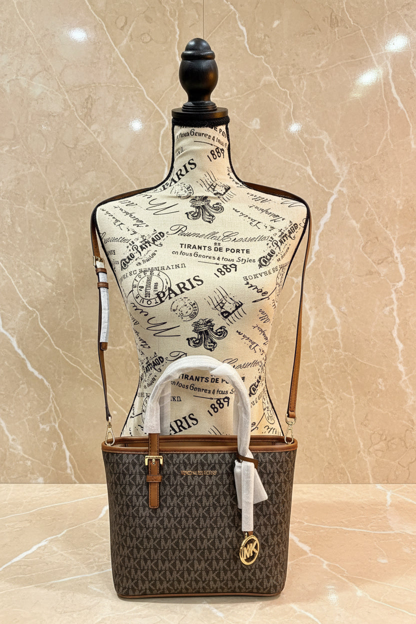 MICHAEL KORS XS JET SET CARRYALL TRAVEL ZIP TOTE - BLACK - BROWN MULTI WITH A TOUCH OF METTALIC GOLD