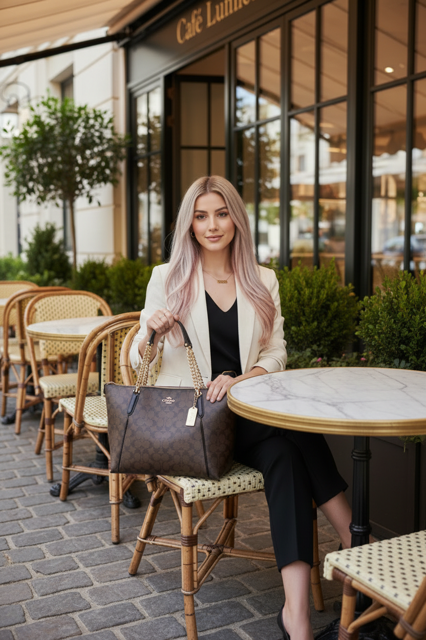 COACH AVA LARGE ZIP TOP TOTE IN SIGNATURE BLACK BROWN