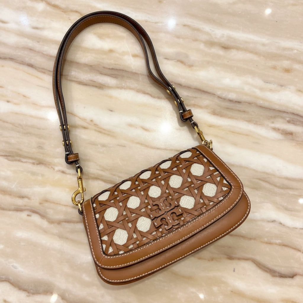 TORY BURCH BRITTEN  BASKET WEAVE CONVERTIBLE CRISSBODY/SHOULDER BAG - MOOSE COLOR