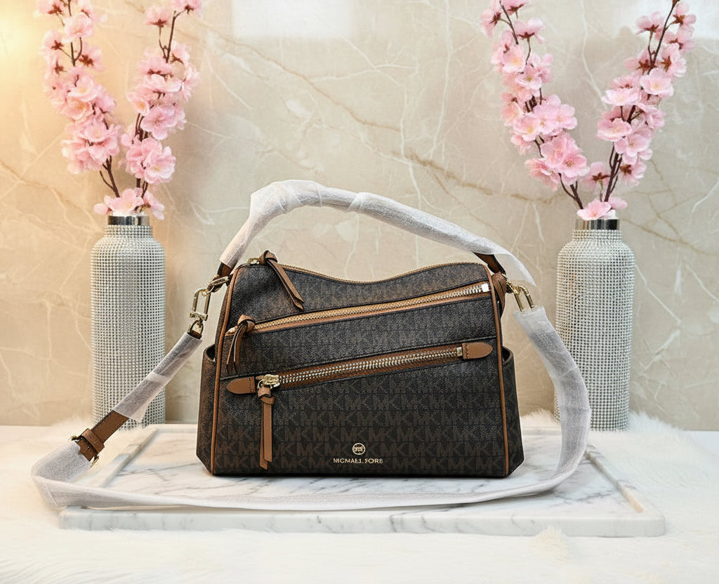 MICHAEL KORS LORIMER SATCHEL IN SIGNATURE BROWN ACORN - MEDIUM ( FROM BOUTIQUE STORE )