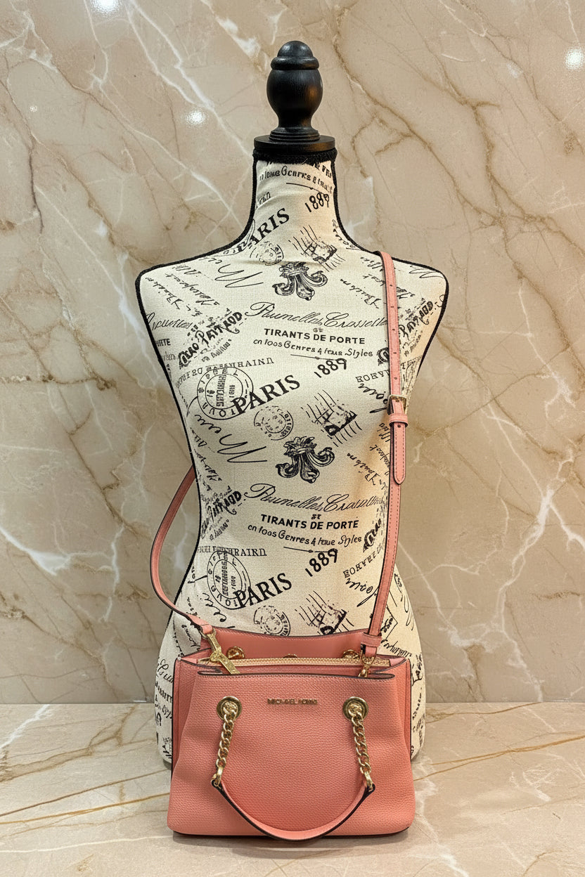 MICHAEL KORS SMALL TEAGEN LEATHER SATCHEL - PEACH