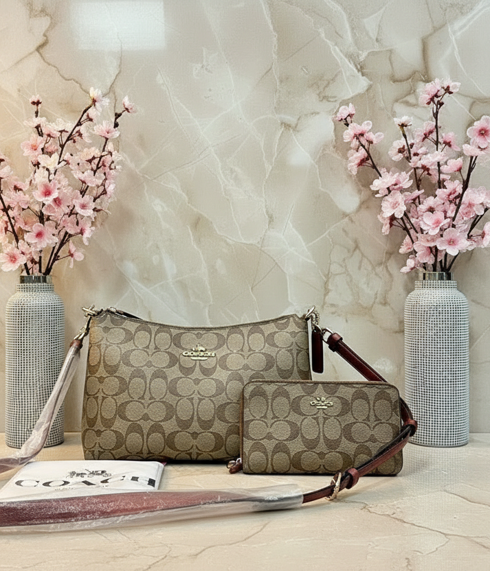 COACH BUNDLE LEWIS SHOULDER BAG/CROSSBODY BAG & ZIP AROUND WRISLET WALLET IN SIGNATURE CANVAS METTALIC CLAY LINING