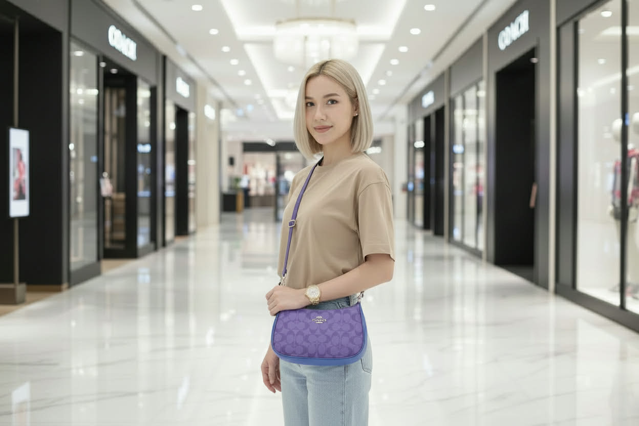 COACH TERI SHOULDER BAG/CROSSBODY BAG - IN SIGNATURE CANVAS PURPLE BLOCKED COLOR