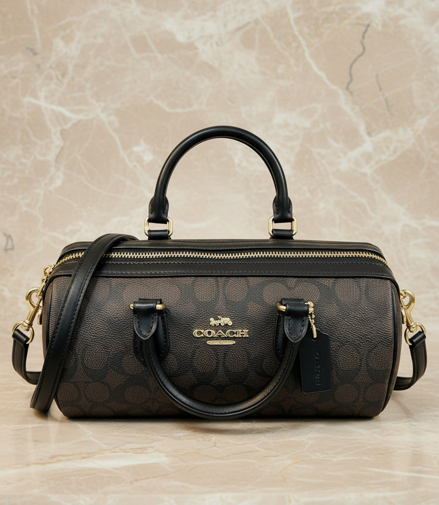 حقيبة كوتش متوسطة الحجم طويلة من قماش الروان - لون الجوز الأسود