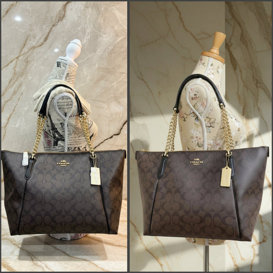 COACH AVA LARGE ZIP TOP TOTE IN SIGNATURE BLACK BROWN