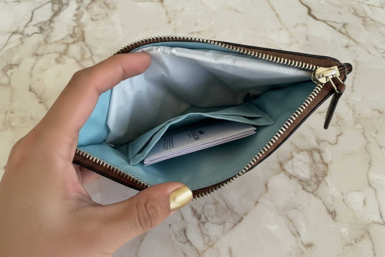COACH SMALL CORNER SINGLE ZIP WRISTLET - SIGNATURE KHAKI/WATERFALL LIGHT BLUE