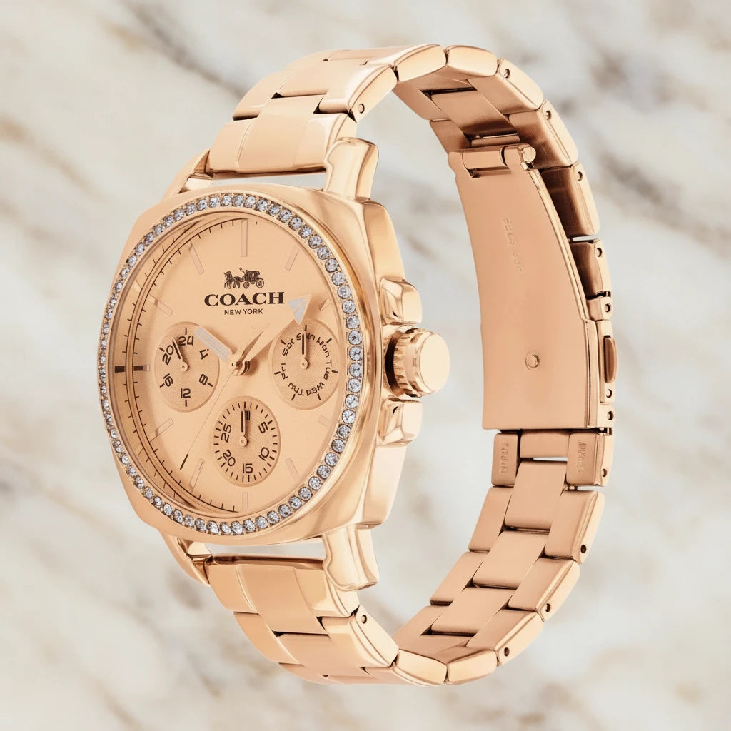 ساعة كوتش ذات وجه كبير - مطلية بالذهب الوردي والفولاذ المقاوم للصدأ