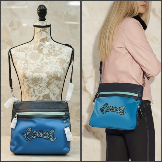 COACH VALE FILE CROSSBODY - NYLON/PEBBLE LEATHER CERULEAN MULTI COLOR
