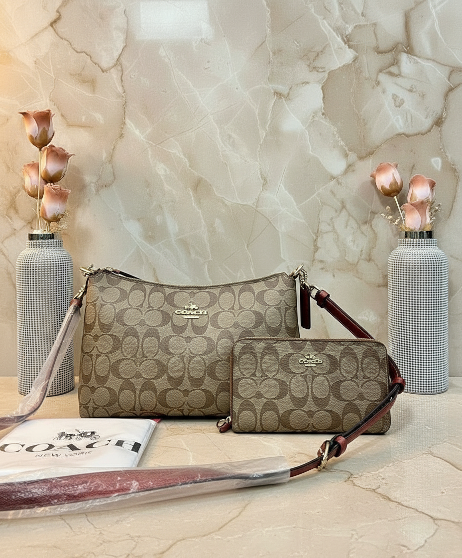 طقم كوتش لويس: حقيبة كتف/حقيبة كروس بودي ومحفظة معصم بسحاب من قماش الكانفاس المميز ببطانة من الطين المعدني