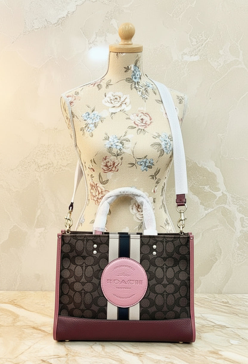 COACH DEMPSEY TOTE CARRYALL MEDIUM IN SIGNATURE JACQUARD CANVAS CENTER STRIPE STRAWBERRY HAZE