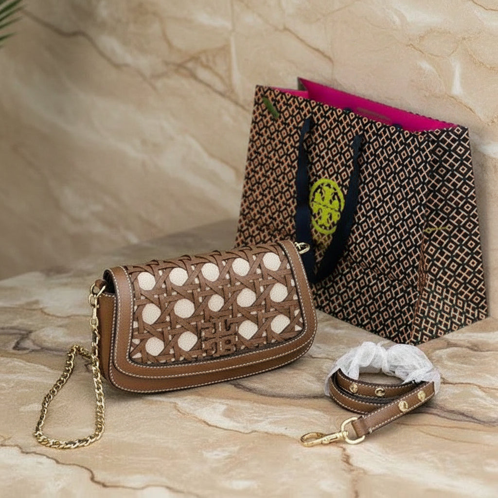 TORY BURCH BRITTEN  BASKET WEAVE CONVERTIBLE CRISSBODY/SHOULDER BAG - MOOSE COLOR