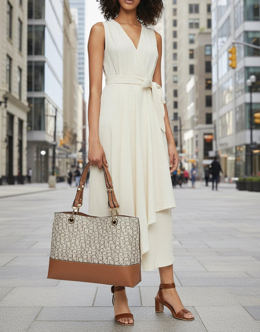 CALVIN KLEIN TOTE IN SIGNATURE LOGO BEIGE/BROWN- XL OPEN WITH LARGE ZIP POUCH & LONG STRAP