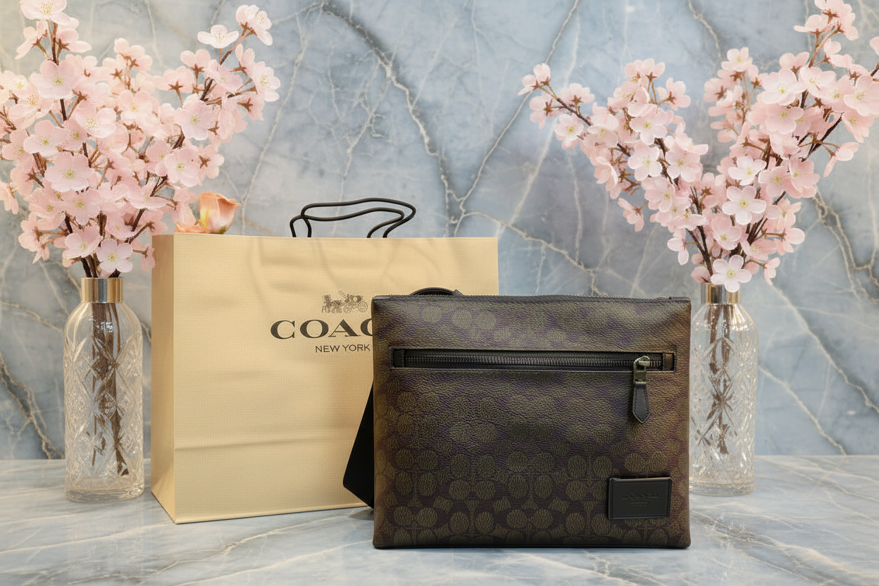 حقيبة كروسبودي من كوتش مصنوعة من قماش مميز - لون الماهوجني