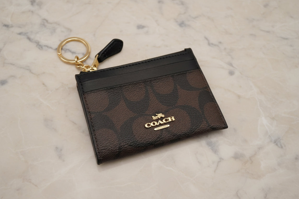 COACH SKINNY CARD CASE WITH KEY RING - SIGNATURE BROWN BLACK