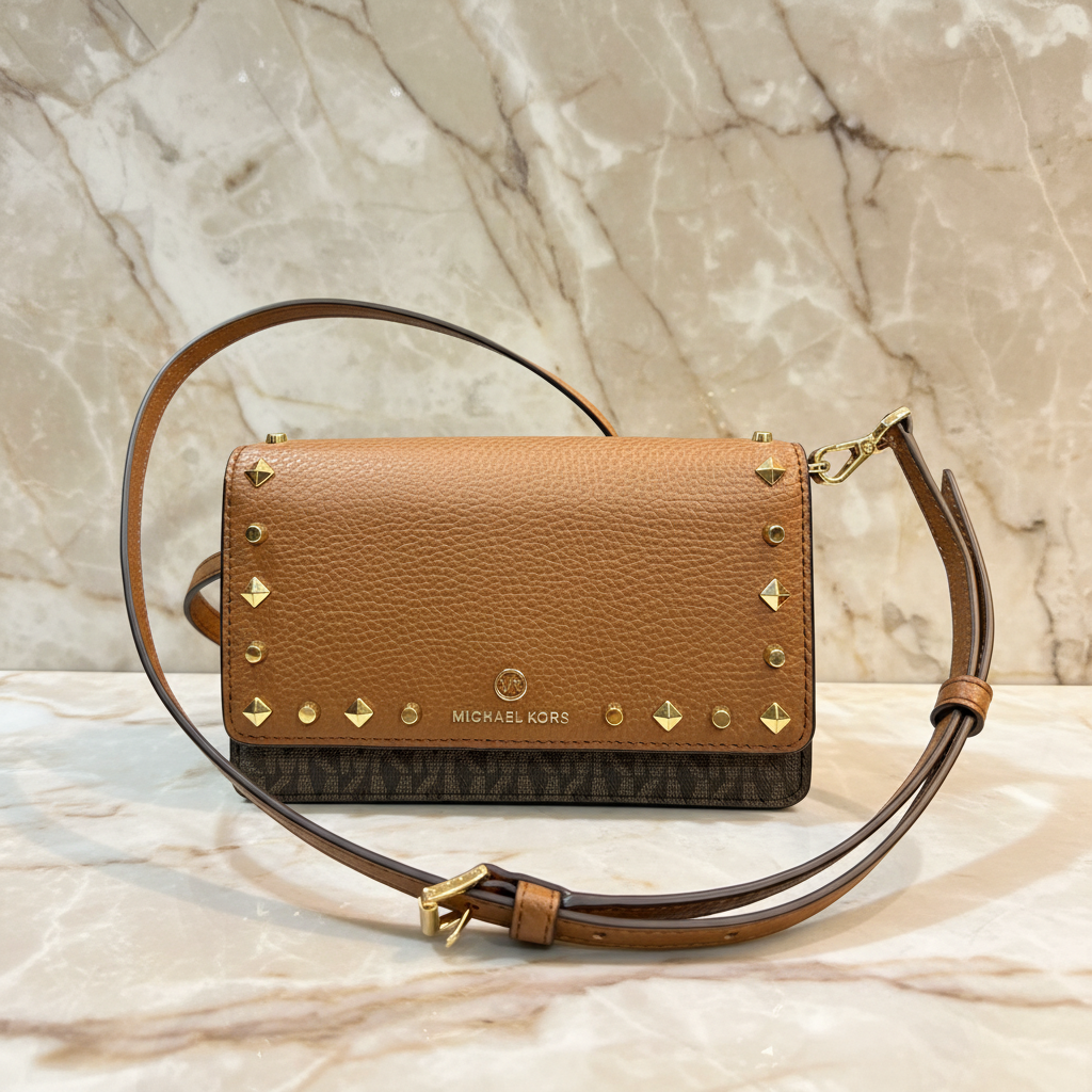 MICHAEL KORS Jet Set Small Studded Faux Leather & Logo Smartphone Crossbody Bag - SALE ‼️ With slight bumped in front ( From Boutique Store )