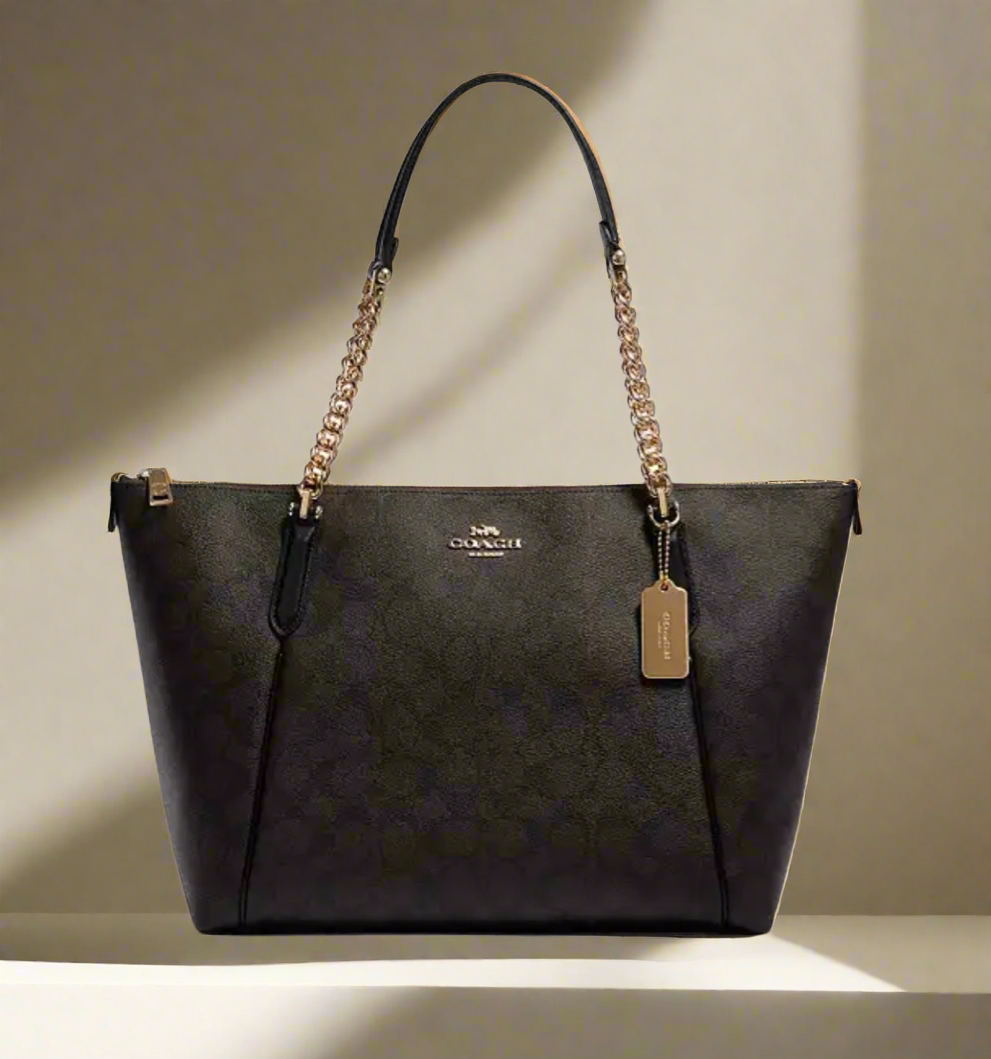 COACH AVA LARGE ZIP TOP TOTE IN SIGNATURE BLACK BROWN