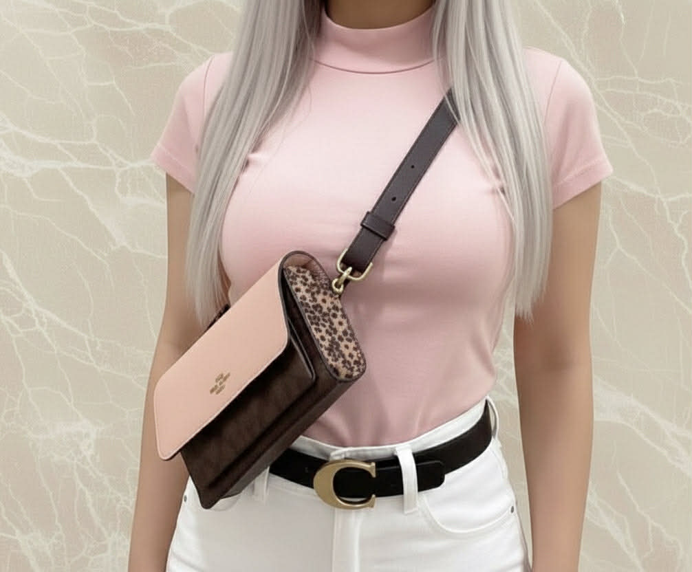 COACH FOLDOVER 3 in 1 BELTBAG/CROSSBODY/BODY BAG - SHELL PINK SIGNATURE SNAKE EMBOSSED