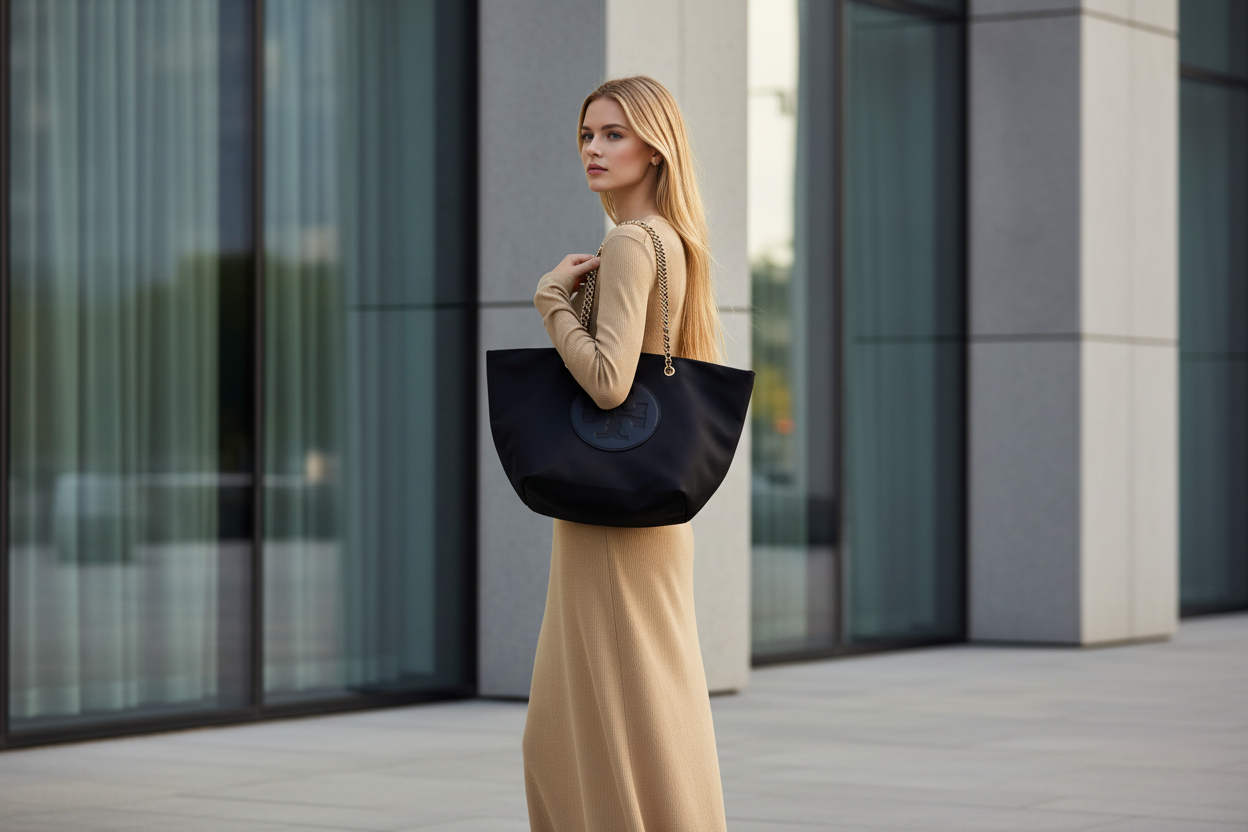 حقيبة تسوق توري بورش إيلا بوبي ذات سلسلة إغلاق مغناطيسية - أسود