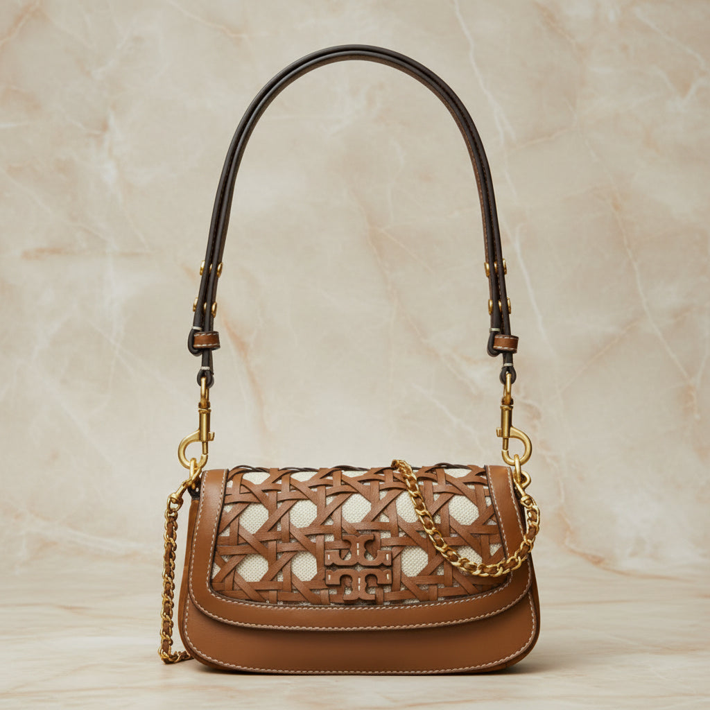 TORY BURCH BRITTEN  BASKET WEAVE CONVERTIBLE CRISSBODY/SHOULDER BAG - MOOSE COLOR
