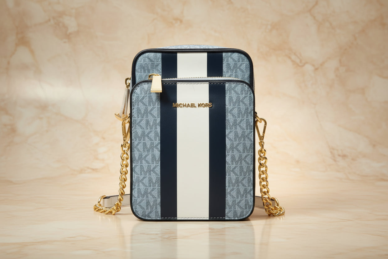 MICHAEL KORS - BELOW SRP WITH FLAWS IN FRONT - SLIGHT MARK LIKE PEN - JET SET TRAVEL LOGO STRIPE CROSSBODY BAG
