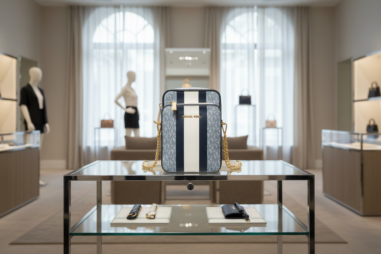 MICHAEL KORS - BELOW SRP WITH FLAWS IN FRONT - SLIGHT MARK LIKE PEN - JET SET TRAVEL LOGO STRIPE CROSSBODY BAG