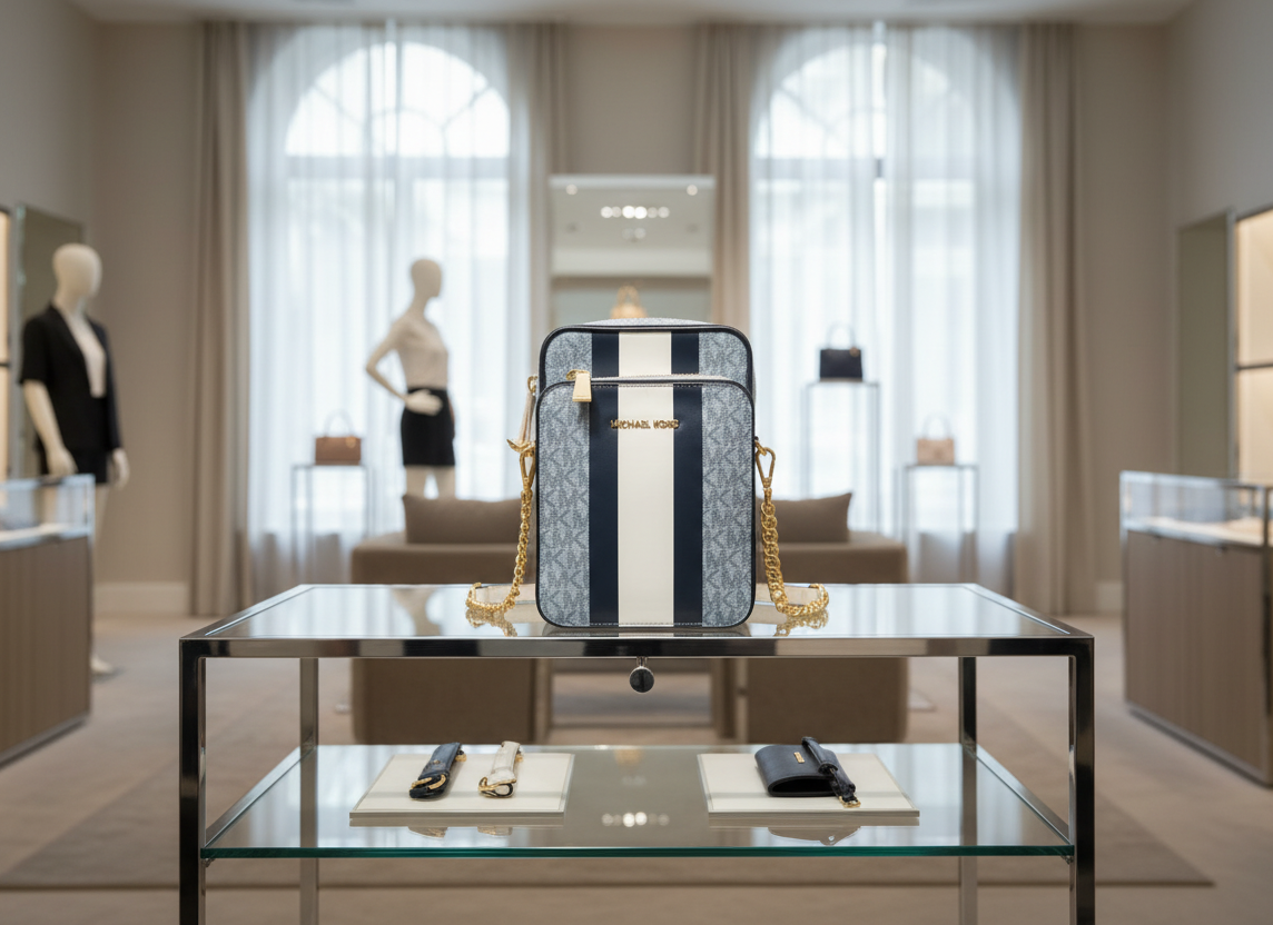 MICHAEL KORS - BELOW SRP WITH FLAWS IN FRONT - SLIGHT MARK LIKE PEN - JET SET TRAVEL LOGO STRIPE CROSSBODY BAG