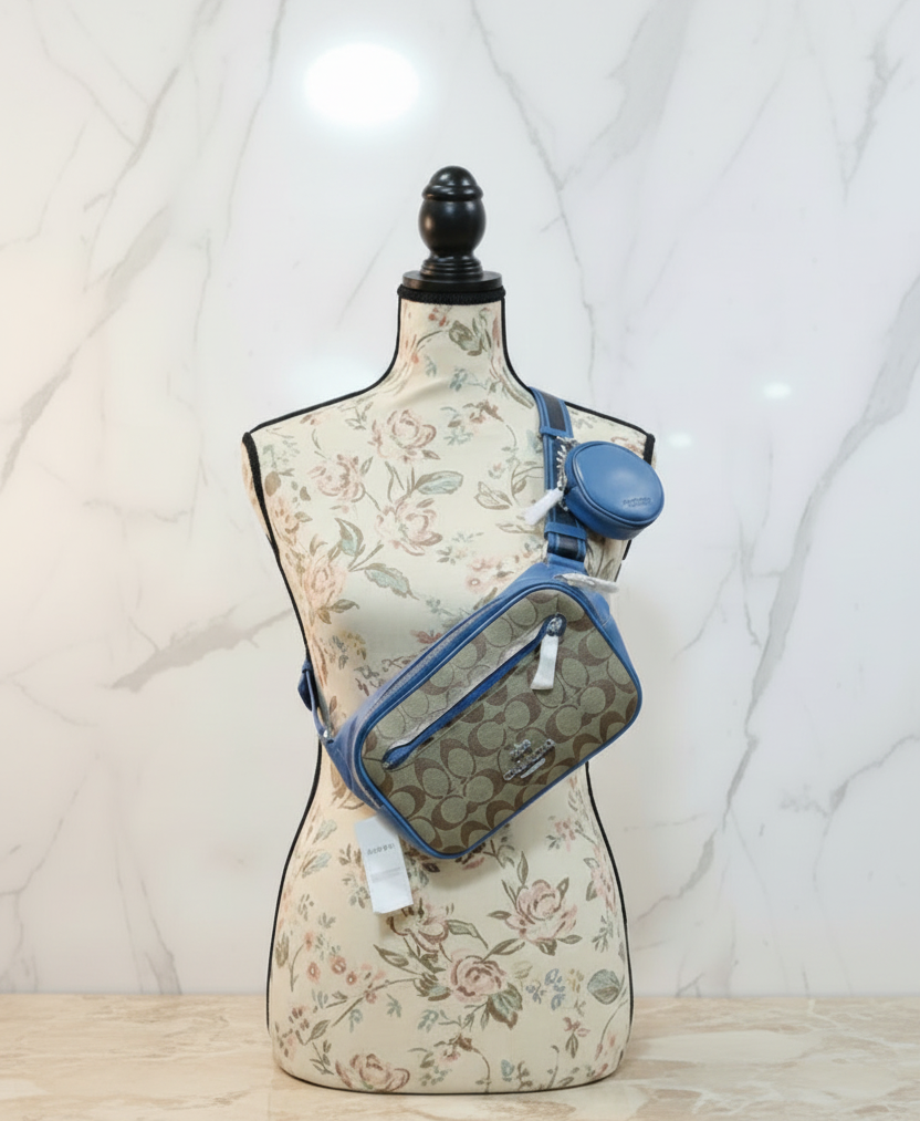 COACH ELIAS BELTBAG/ CHEST BAG/BODY BAG IN COLORBLOCK SIGNATURE CANVAS - KHAKI/RACER BLUE