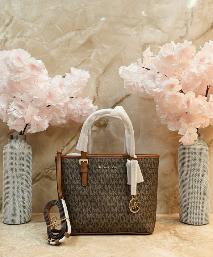 MICHAEL KORS XS JET SET CARRYALL TRAVEL ZIP TOTE - BLACK - BROWN MULTI WITH A TOUCH OF METTALIC GOLD