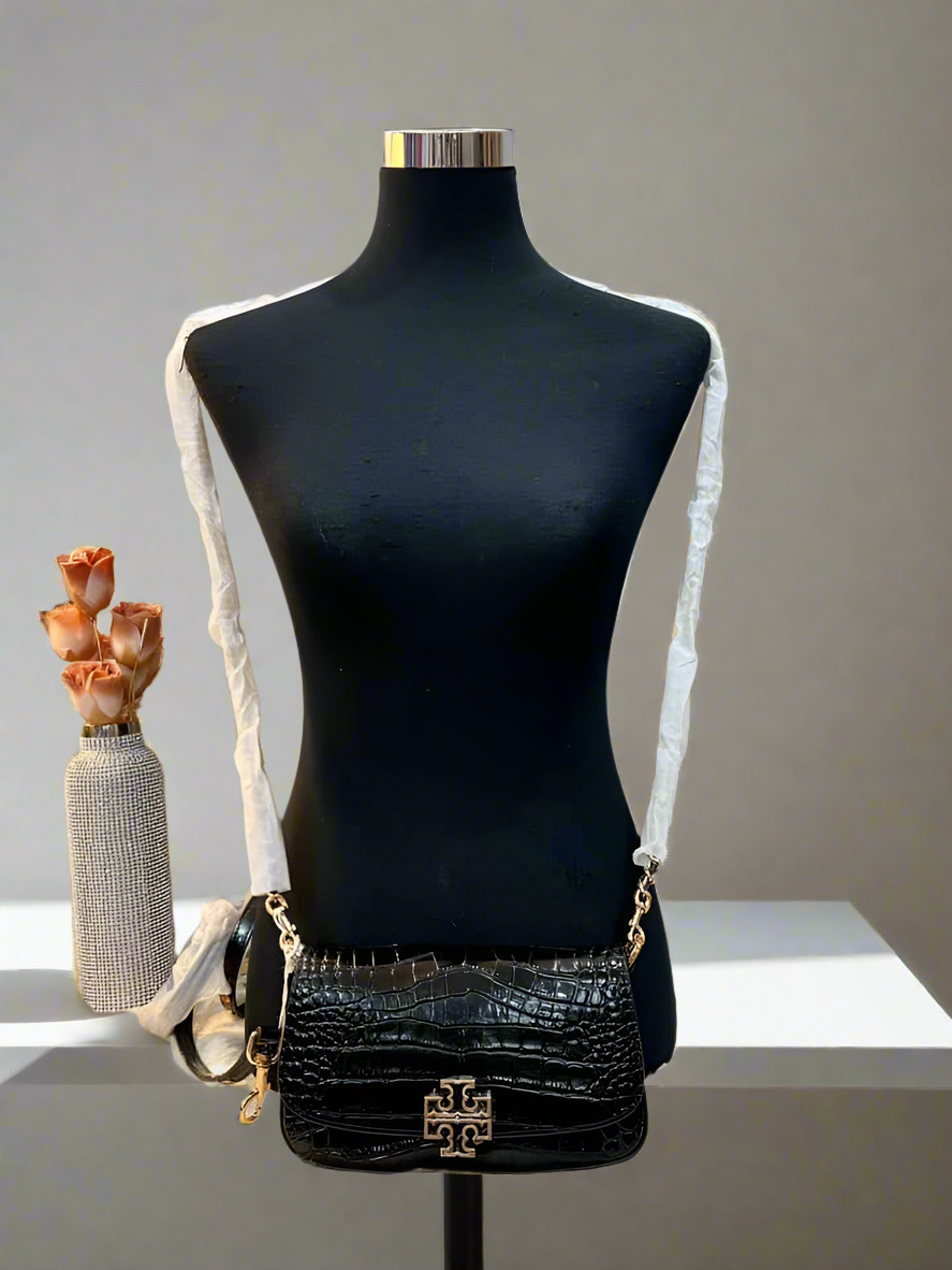 SALE! MISSING 1 BUTTON ON SHOULDER STRAP - TORY BURCH EMBOSSED CROC BRITTEN CONVERTIBLE SHOULDER BAG/XBODY BAG - BLACK