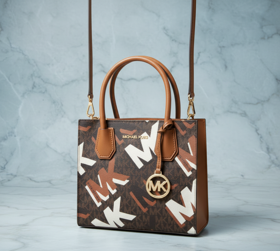 MICHAEL KORS MERCER MEDIUM MESSENGER BAG - LUGGAGE MULTI GRAPHIC LOGO