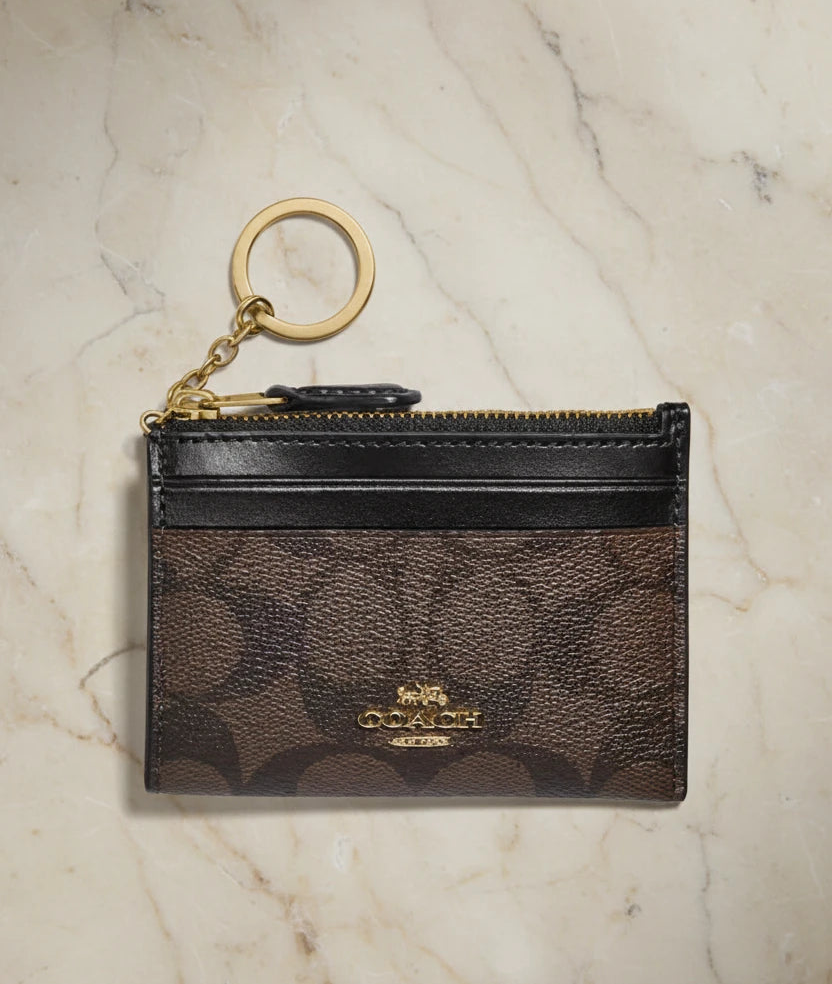 COACH SKINNY CARD CASE WITH KEY RING - SIGNATURE BROWN BLACK