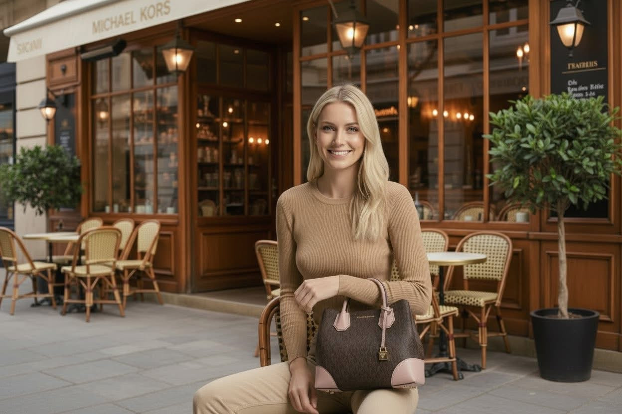 MICHAEL KORS MERCER GALLERY MEDIUM LOGO SATCHEL BAG - BROWN/SOFT PINK
