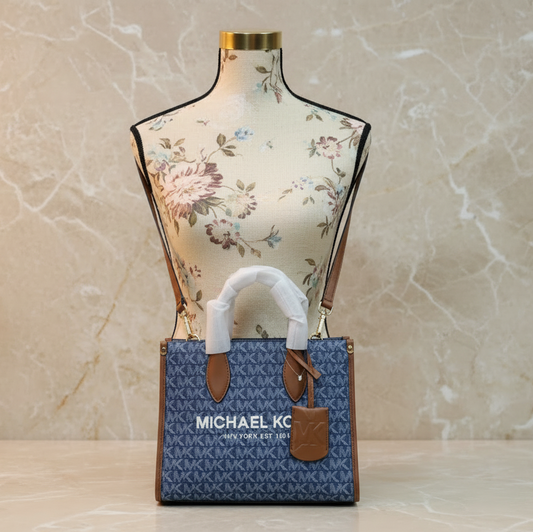 MICHAEL KORS MIRELLA SMALL SHOPPER TOP ZIP CROSSBODY BAG - DENIM MULTI LOGO