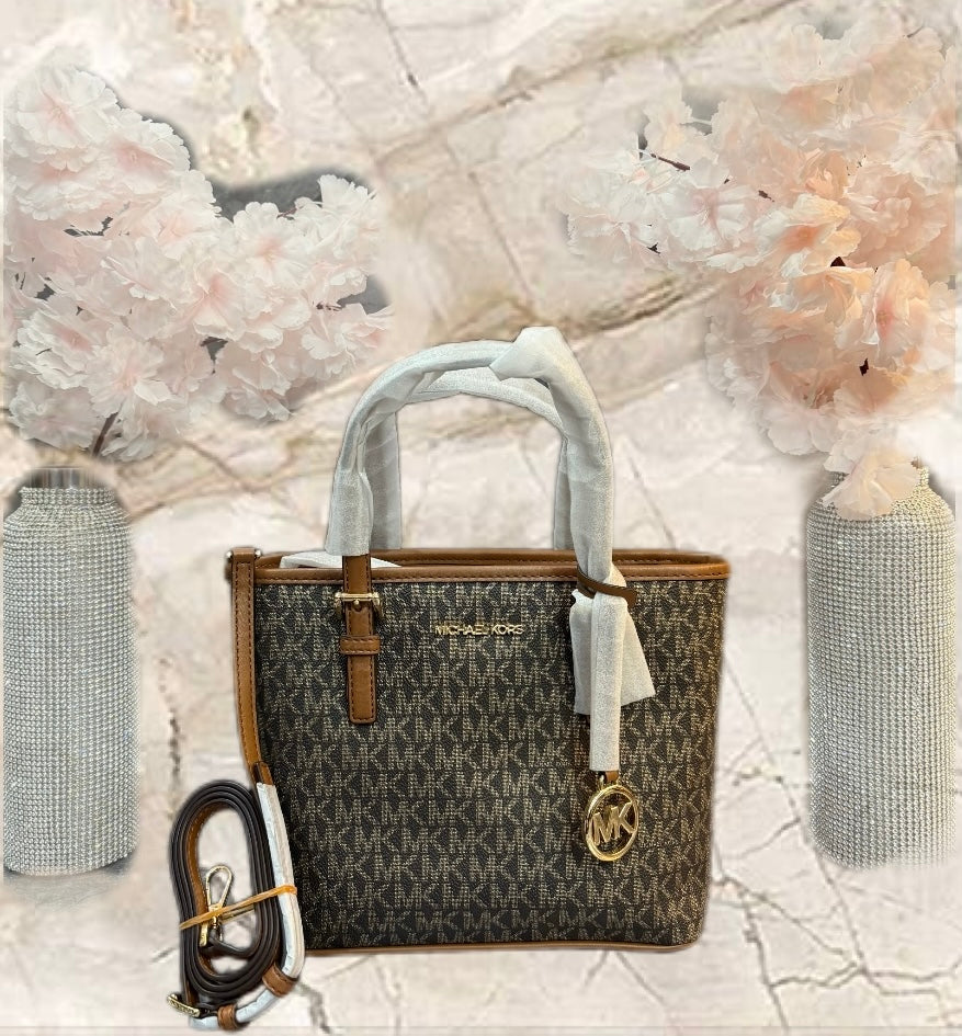 MICHAEL KORS XS JET SET CARRYALL TRAVEL ZIP TOTE - BLACK - BROWN MULTI WITH A TOUCH OF METTALIC GOLD
