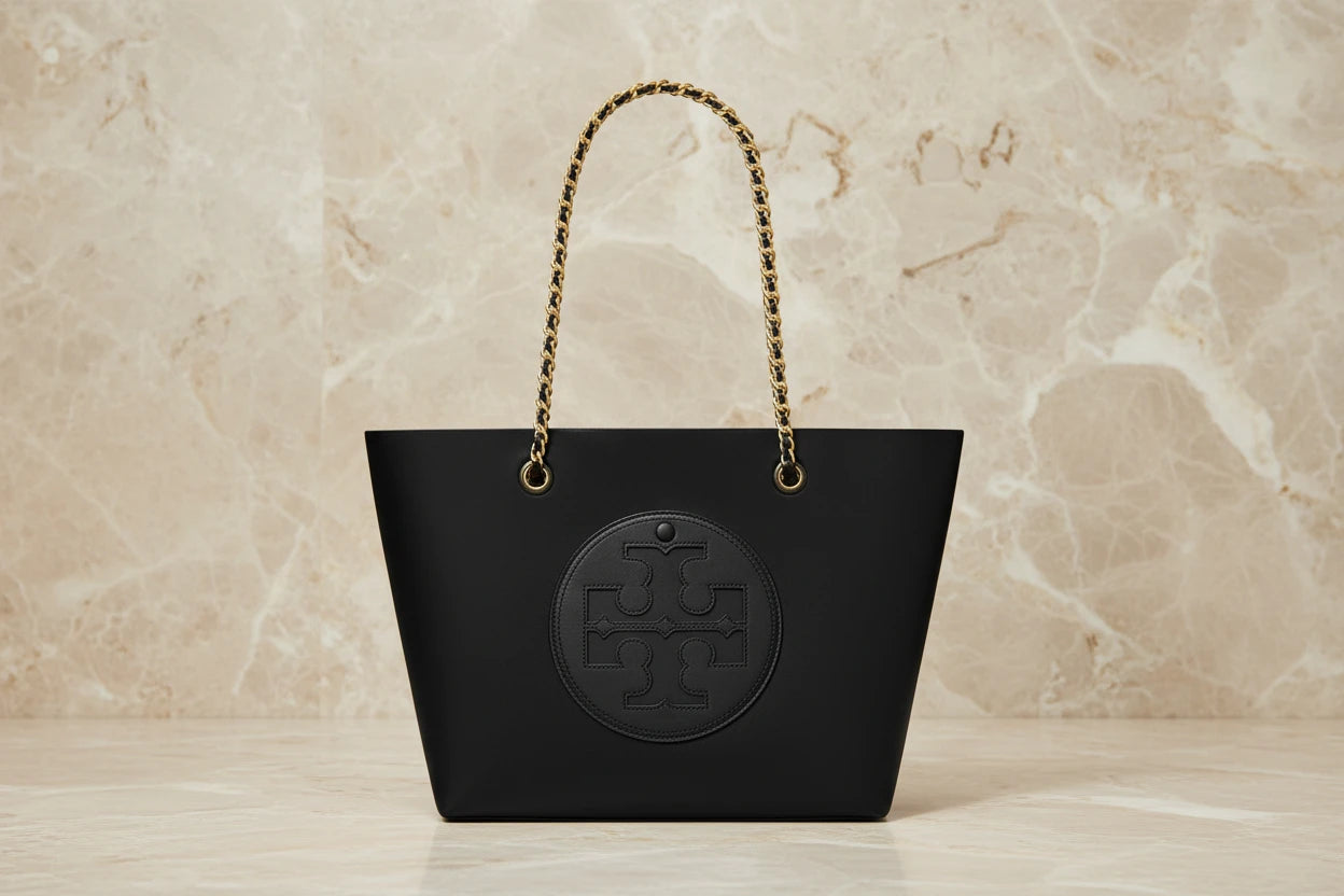 TORY BURCH ELLA PUPPY MAGNETIC CLOSURE CHAIN TOTE - BLACK