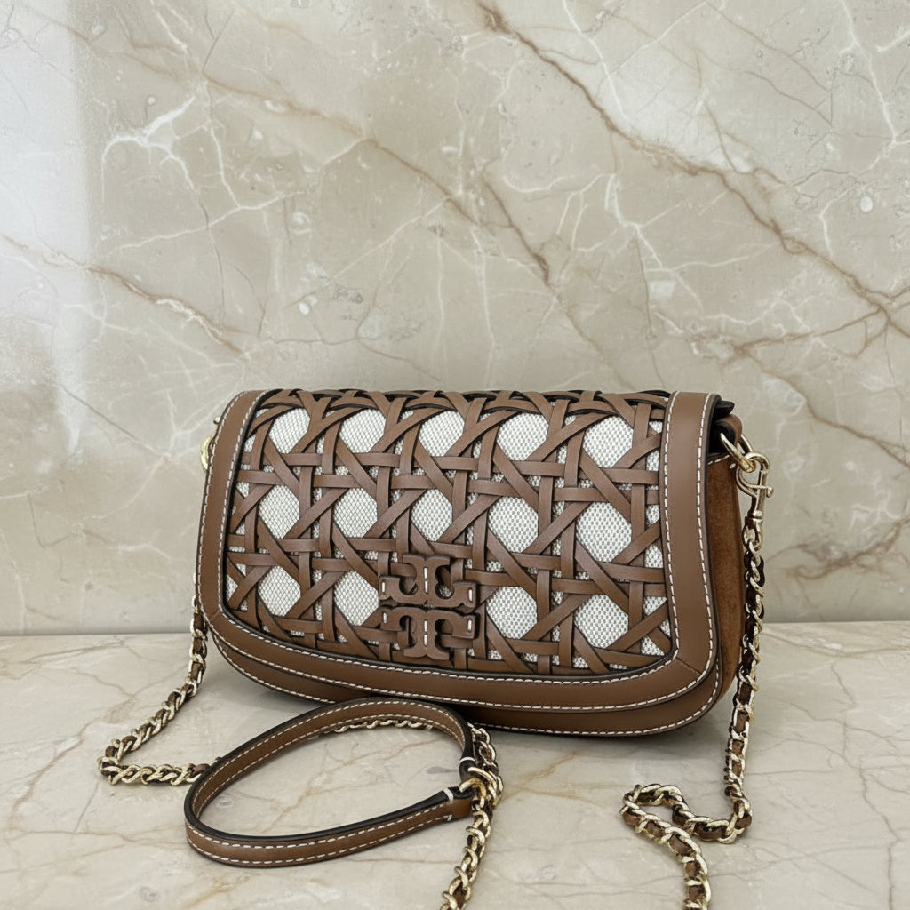 TORY BURCH BRITTEN  BASKET WEAVE CONVERTIBLE CRISSBODY/SHOULDER BAG - MOOSE COLOR