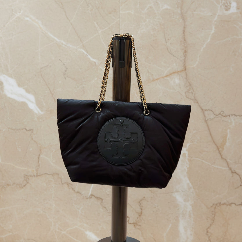 TORY BURCH ELLA PUPPY MAGNETIC CLOSURE CHAIN TOTE - BLACK