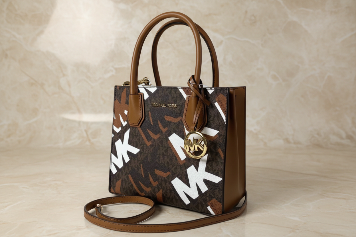 MICHAEL KORS MERCER MEDIUM MESSENGER BAG - LUGGAGE MULTI GRAPHIC LOGO