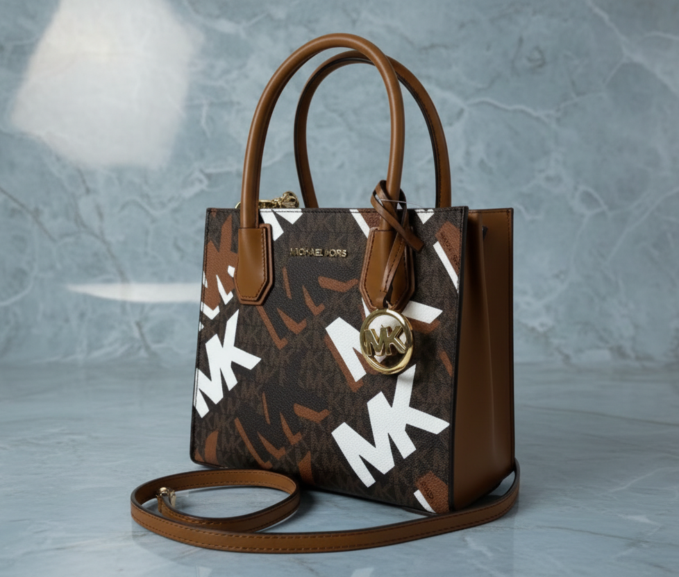 MICHAEL KORS MERCER MEDIUM MESSENGER BAG - LUGGAGE MULTI GRAPHIC LOGO